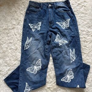 SHEIN Blue Butterfly Print Straight Leg Jeans